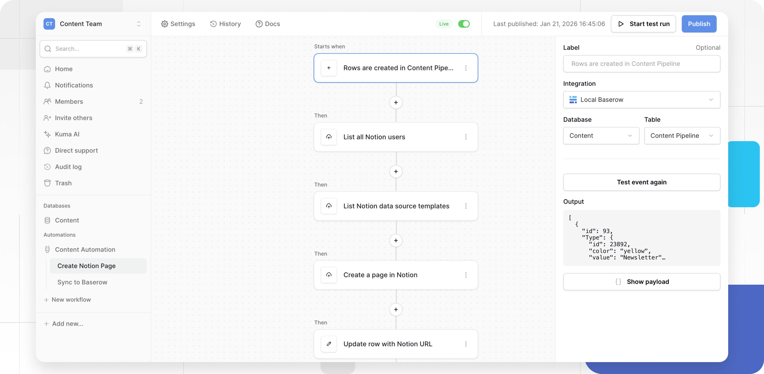 Workflow A – New Content Record → Create Notion Page