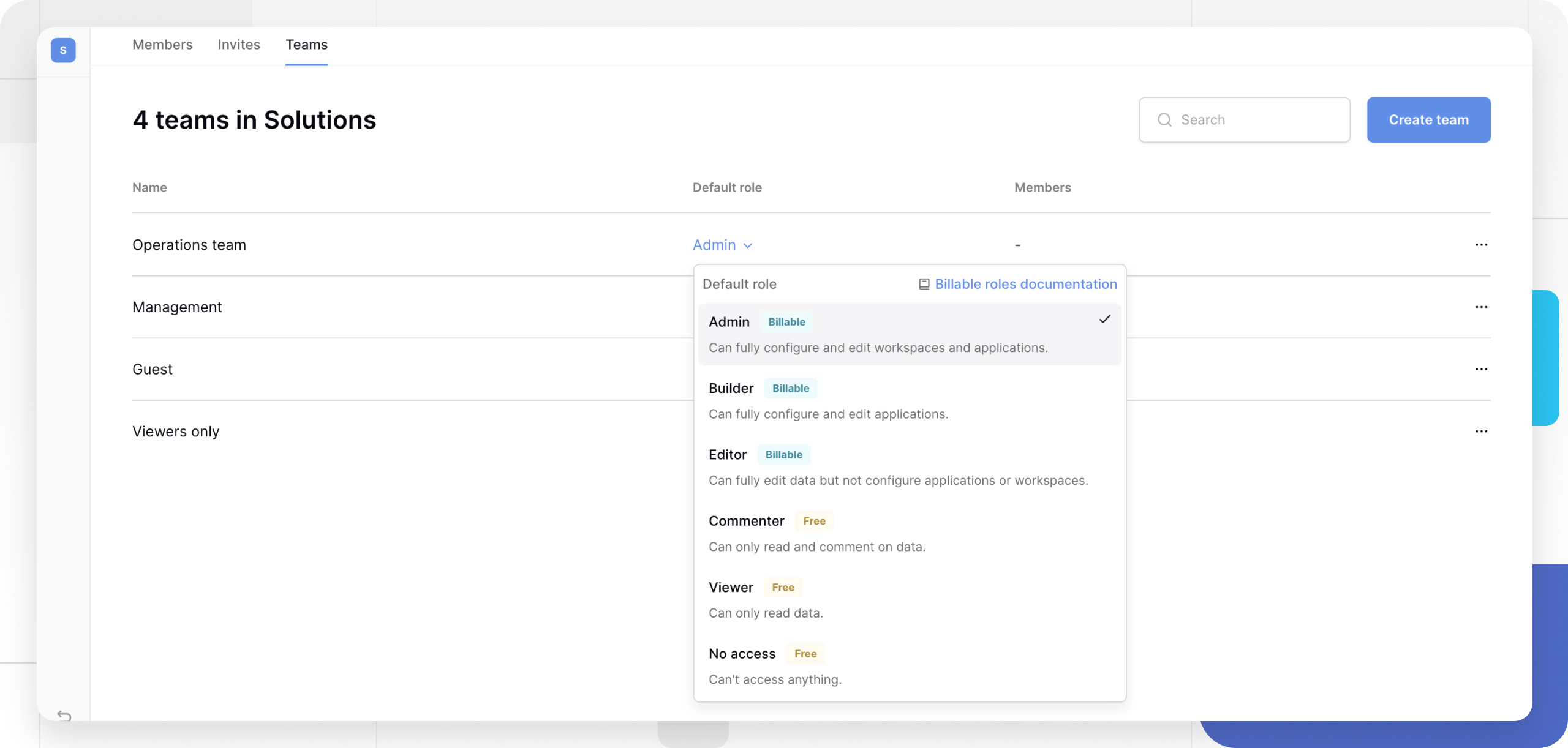 Change team role dropdown in baserow