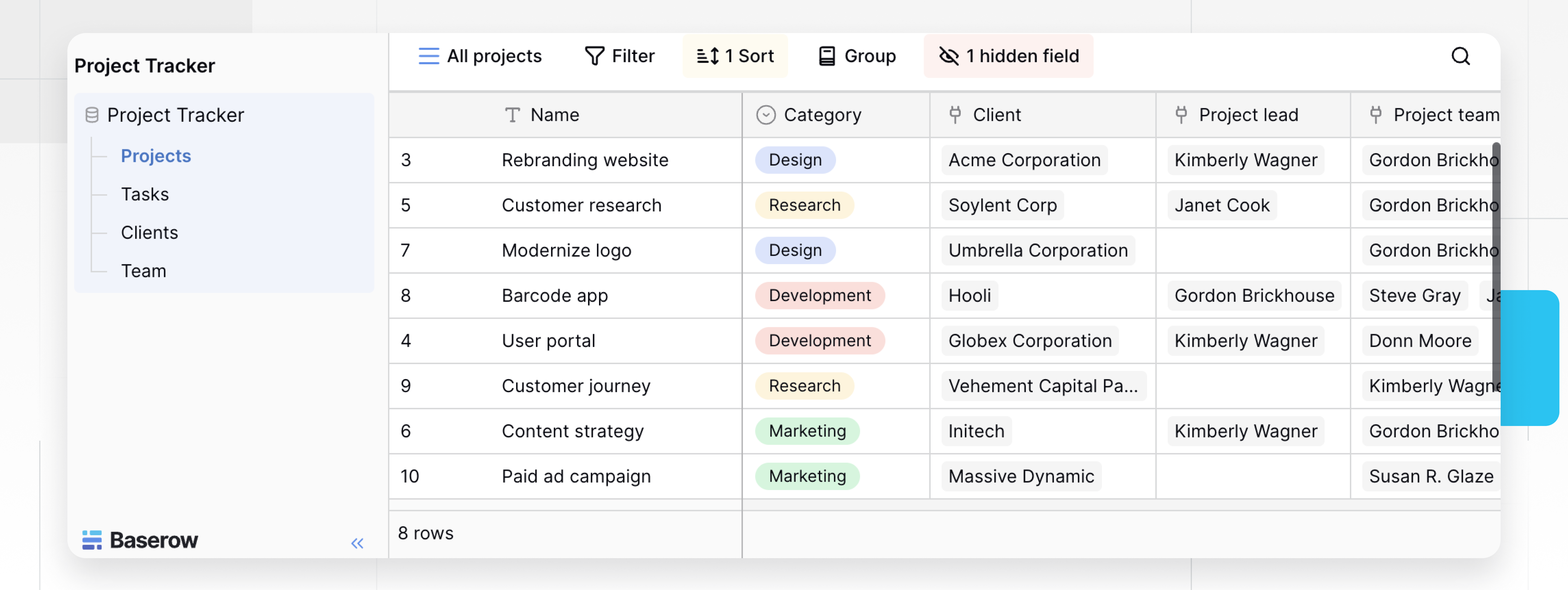 A Baserow Project Tracker interface showing a list of projects with columns for name, category, client, project lead, and project team. The sidebar menu includes sections for Projects, Tasks, Clients, and Team.