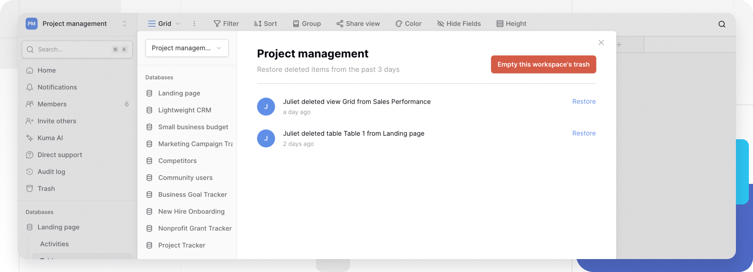 Baserow trash interface