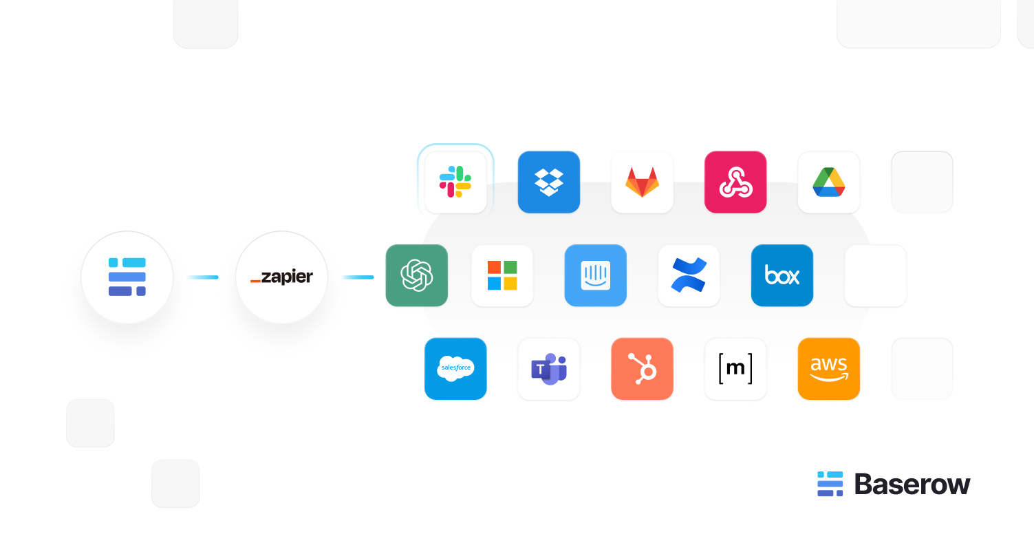 Visual illustration showing Baserow connected through Zapier to popular business applications like Slack, Dropbox, GitHub, Google Drive, Salesforce, and AWS — representing seamless workflow integrations.
