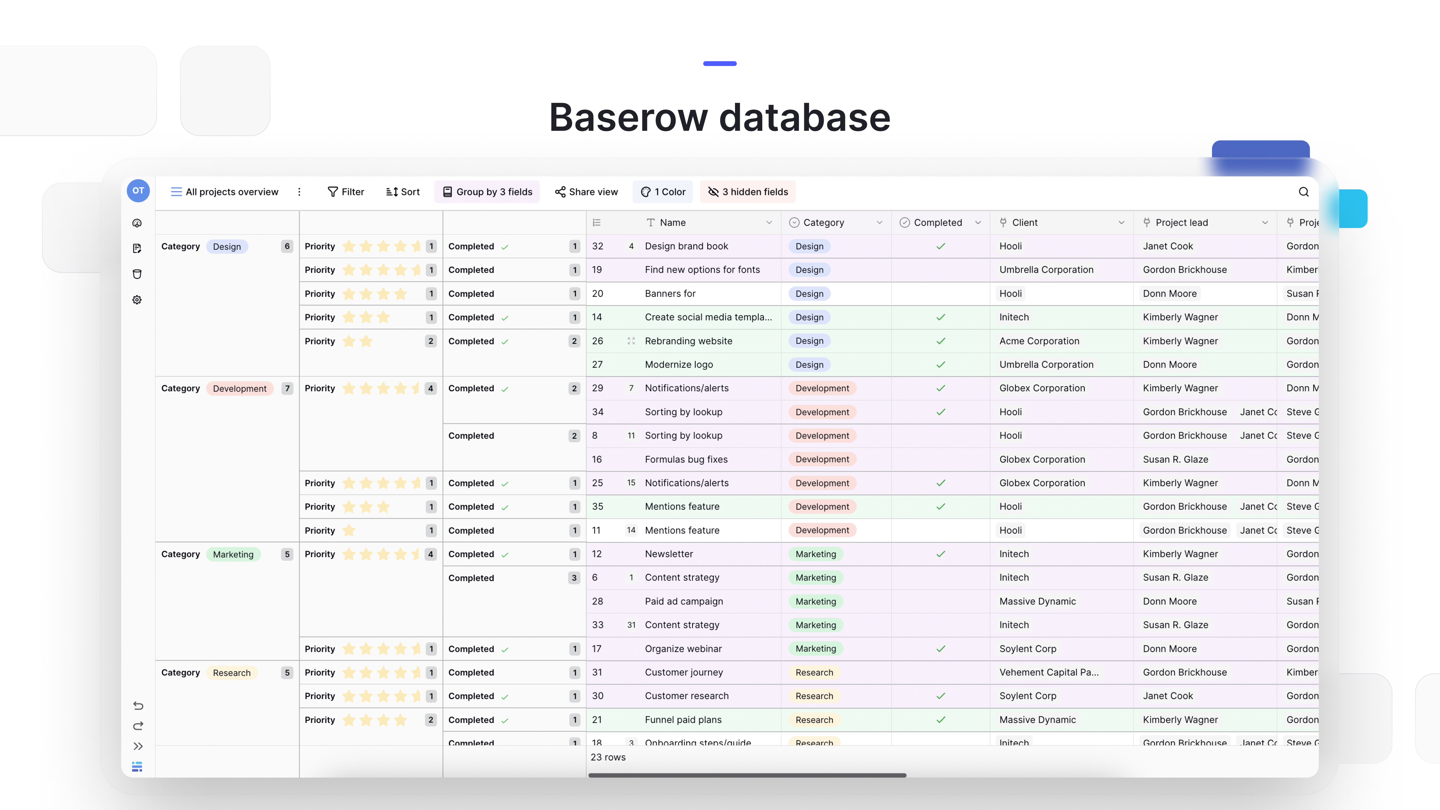 Baserow database interface showing categorized project entries, task priorities, completion status, project leads, and client information in a structured, spreadsheet-style layout.