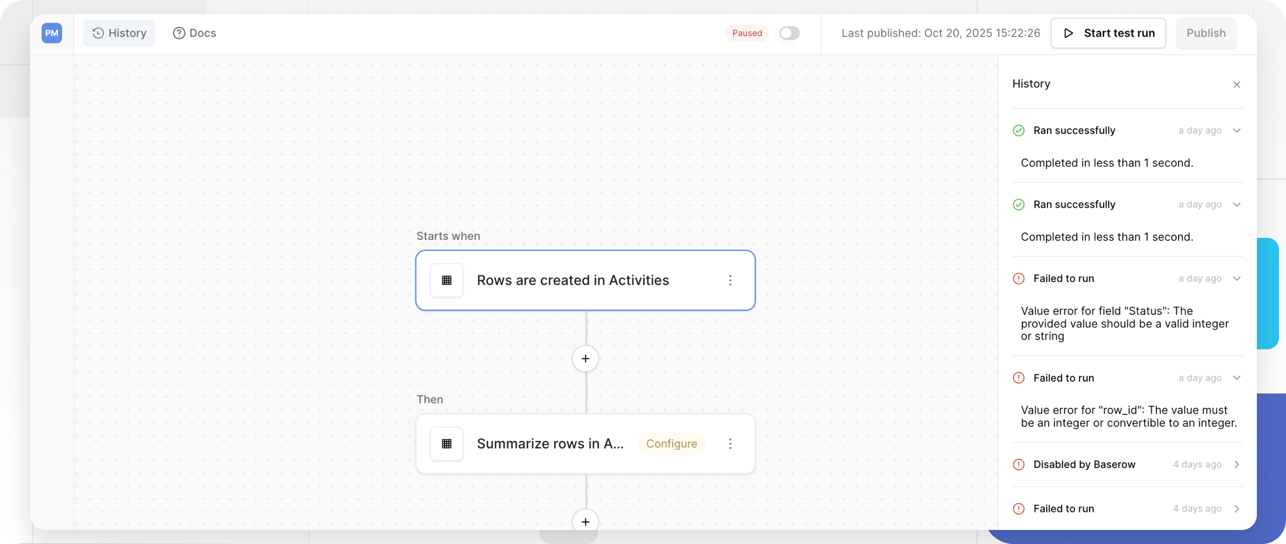 Image Baserow automation history