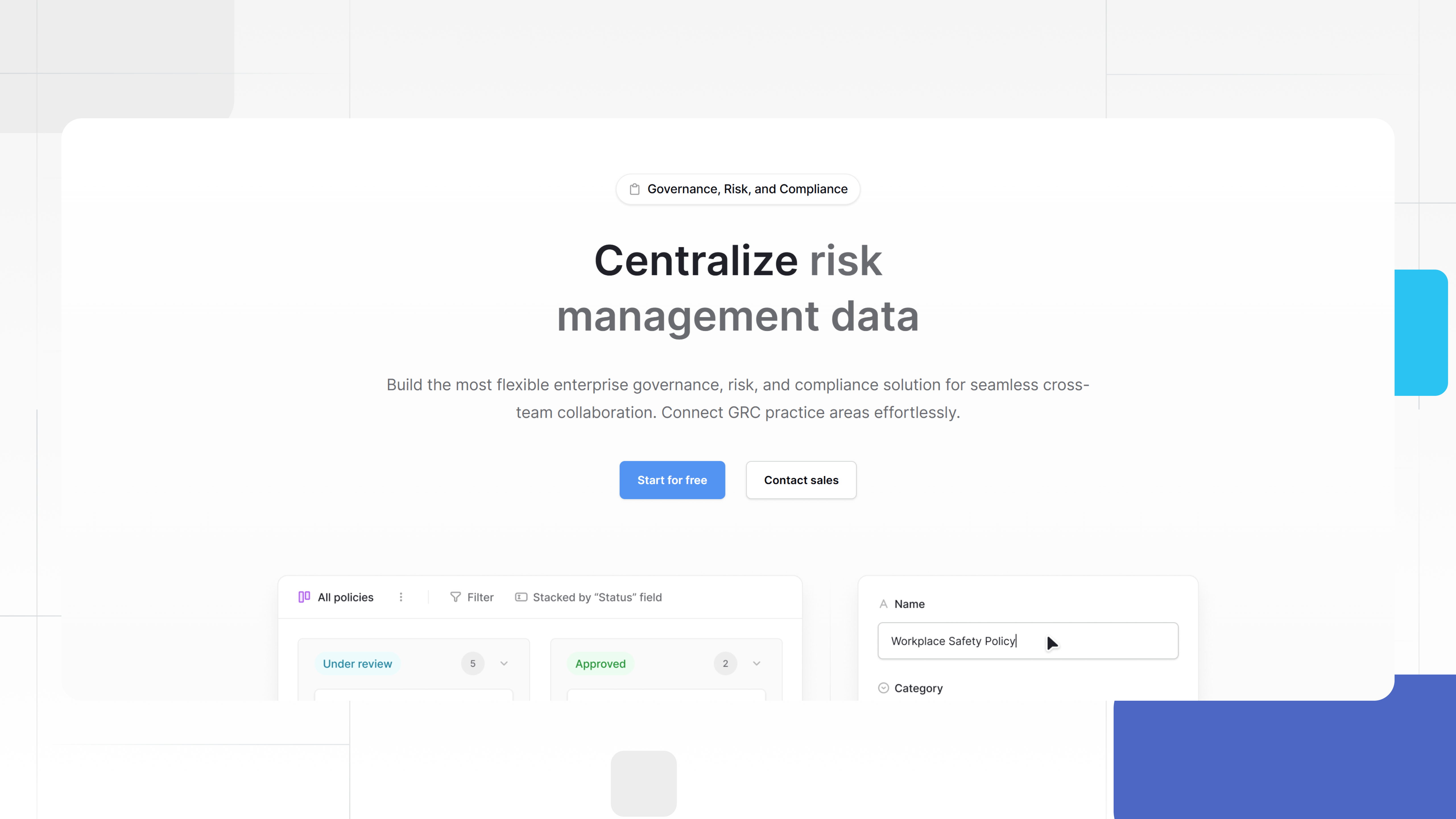 Baserow interface illustrating centralized risk management data with policy tracking, approval statuses, and cross-team governance workflows.