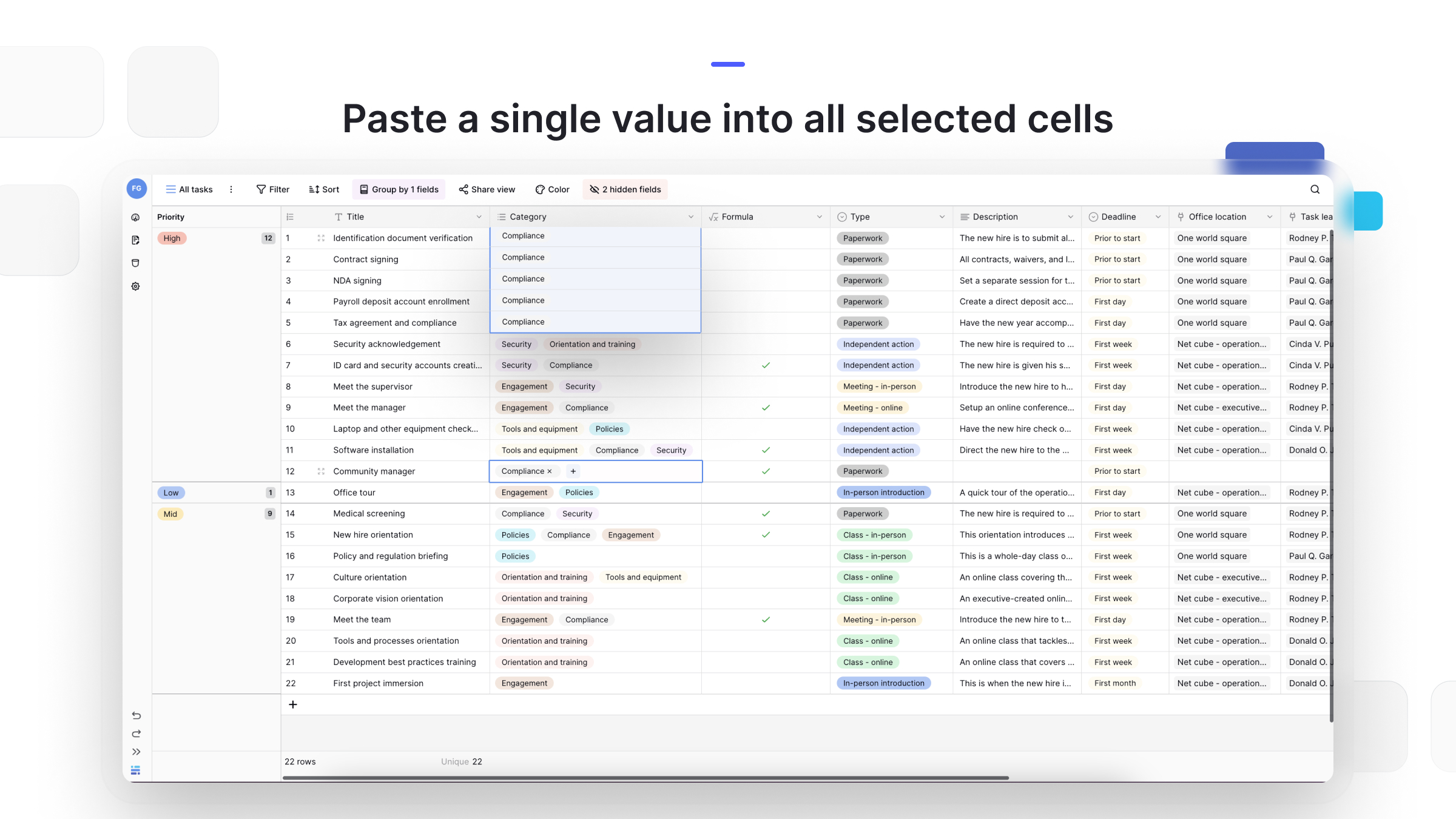 Paste a single value into all selected cells