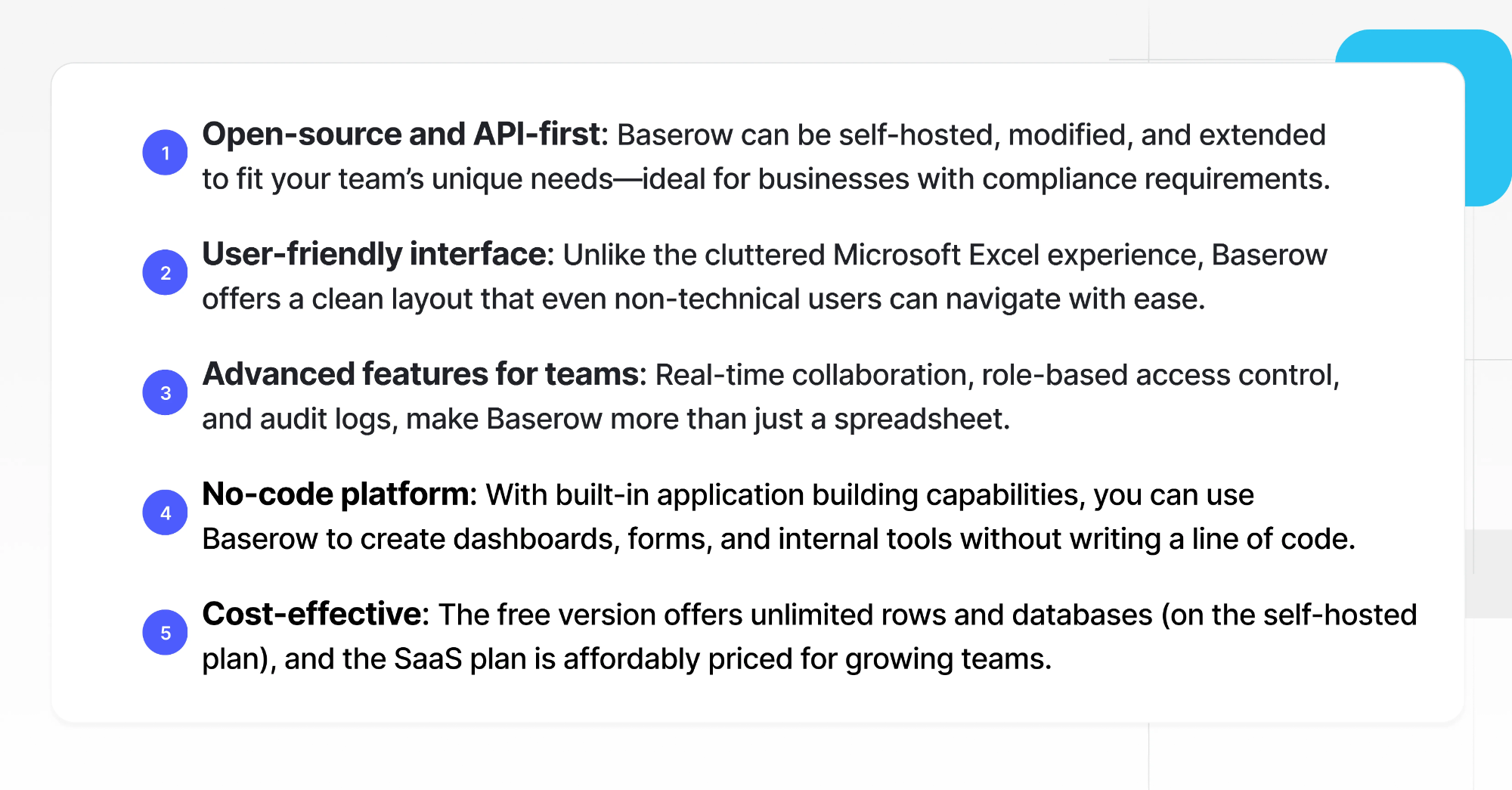 Top five reasons why Baserow is a powerful Excel alternative, highlighting features like open-source flexibility, user-friendly interface, team collaboration tools, no-code platform, and cost-effective pricing.