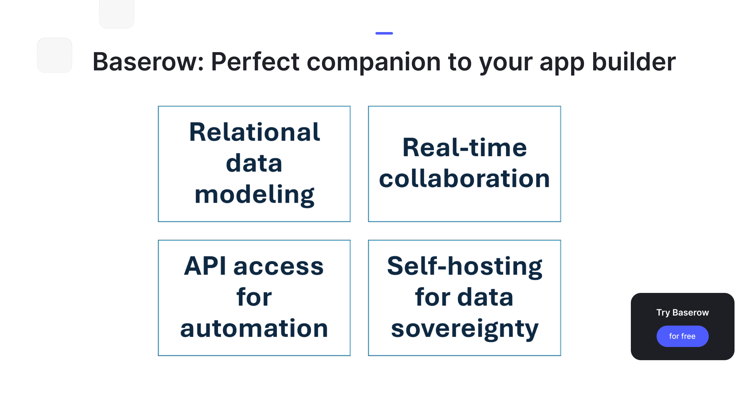 Baserow features highlighted as companion to app builders: relational data modeling, real-time collaboration, API access for automation, and self-hosting.