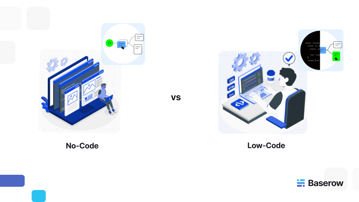 Infographic comparing no-code and low-code platforms. The left shows a person building apps with drag-and-drop no-code tools, while the right shows a developer using low-code with code snippets like HTML and CSS.