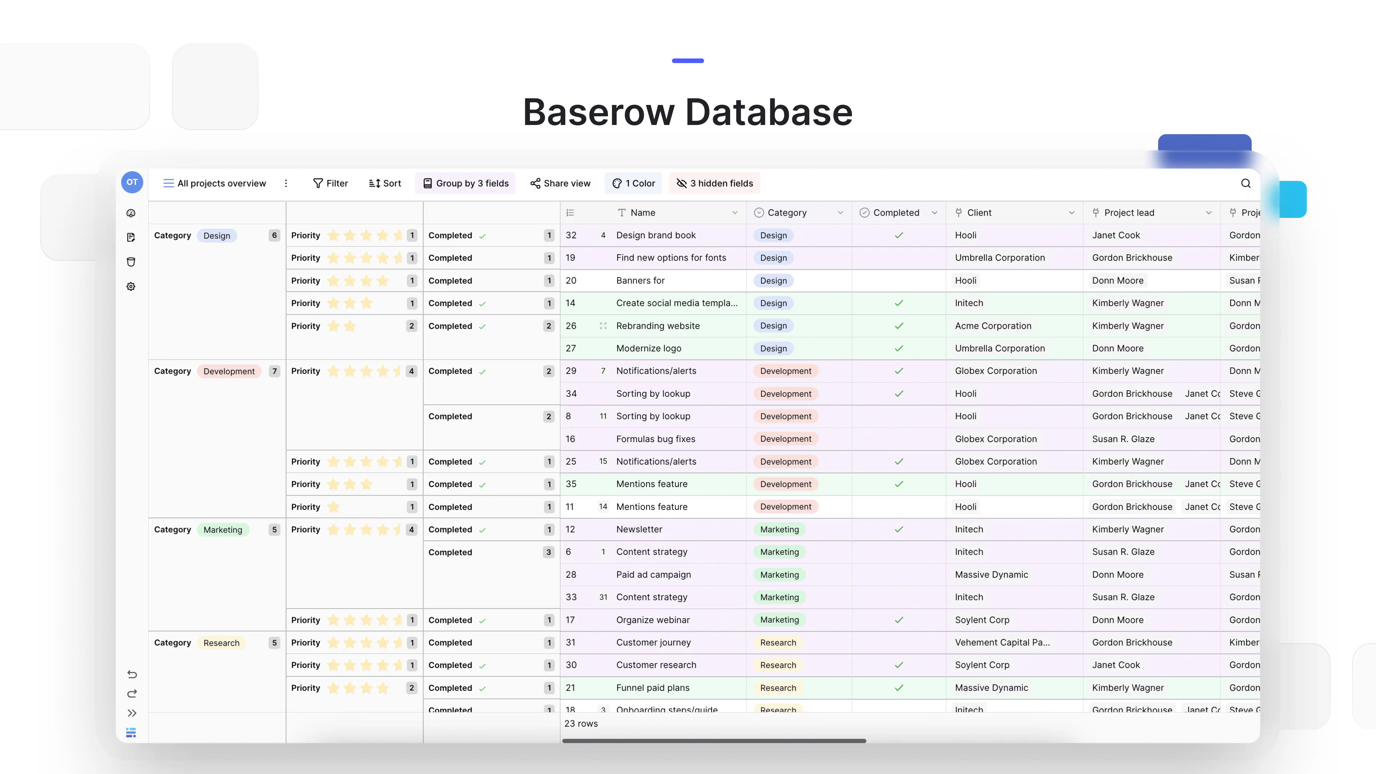 Baserow Database interface showing structured project data organized by category, priority, completion status, client, and project lead.