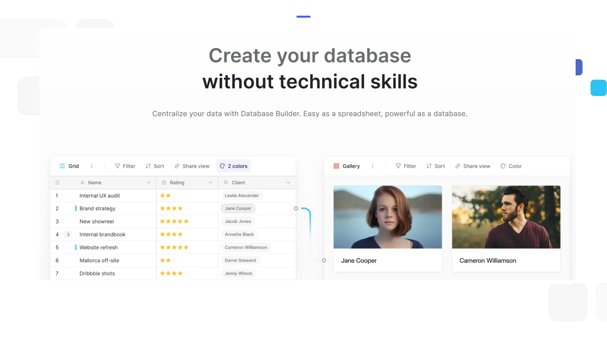 Baserow interface showing grid and gallery views with the headline “Create your database without technical skills,” emphasizing ease of use for non-technical users.