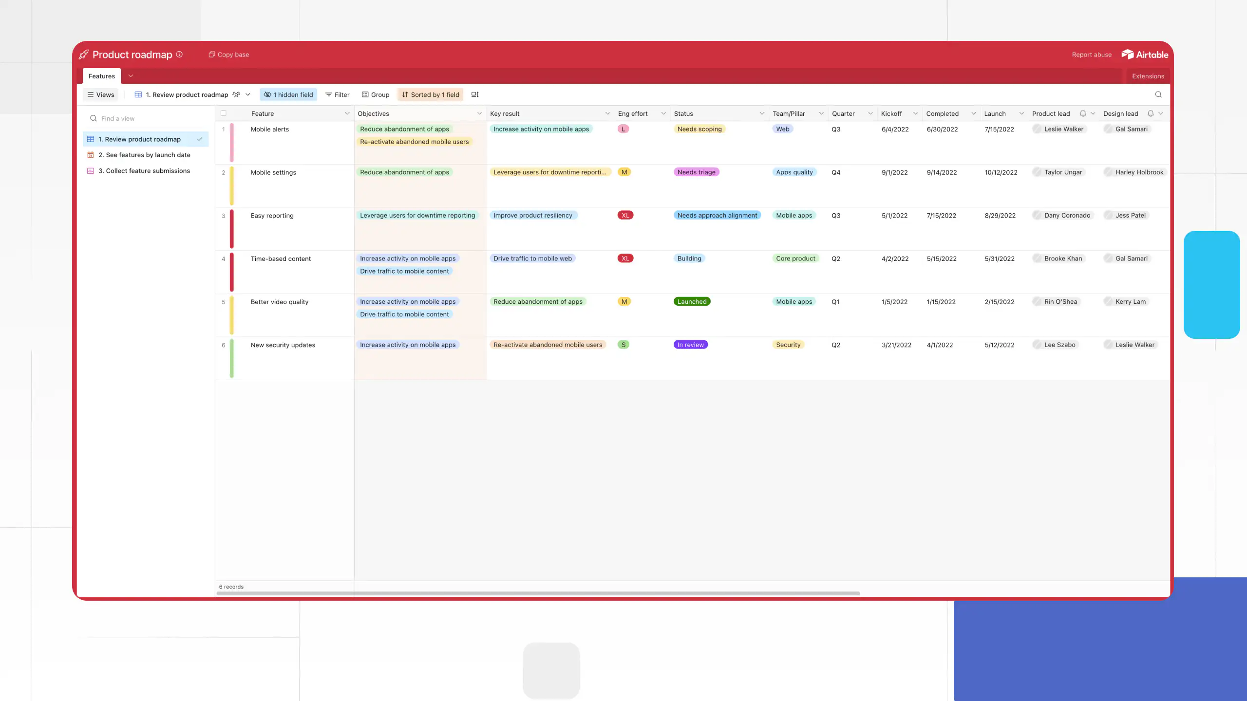 Screenshot of an Airtable product roadmap template showing tasks, objectives, statuses, and team assignments in a colorful spreadsheet-style interface.