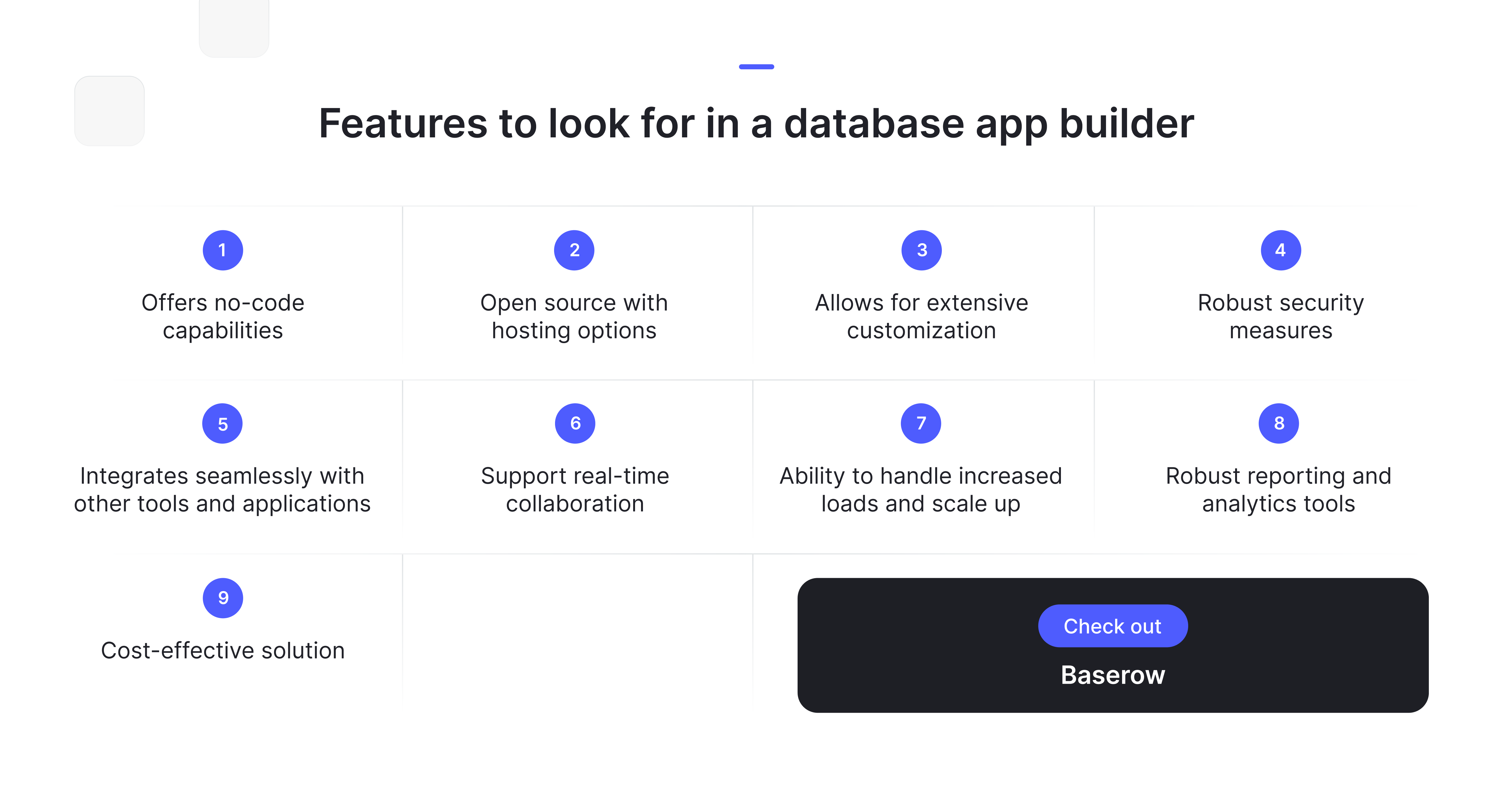 Features to look for in a database app builder, including no-code capabilities, open-source hosting, customization, security, seamless integrations, real-time collaboration, scalability, reporting, analytics, and cost-effective deployment