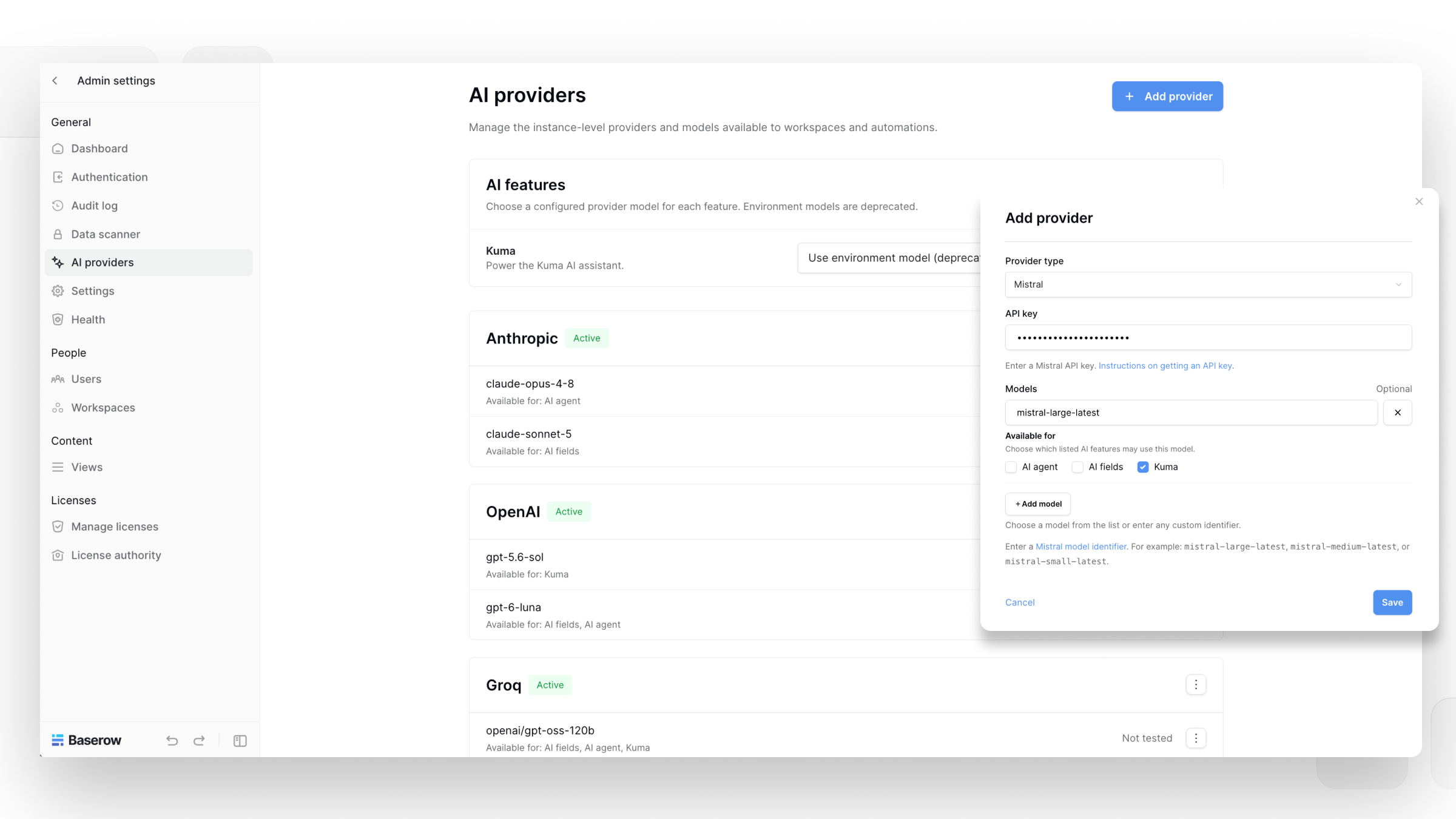 Manage AI providers and models in Baserow