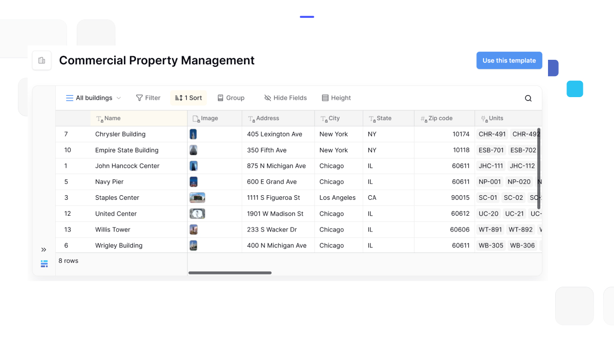 Commercial property management template dashboard showing buildings, addresses, and unit tracking