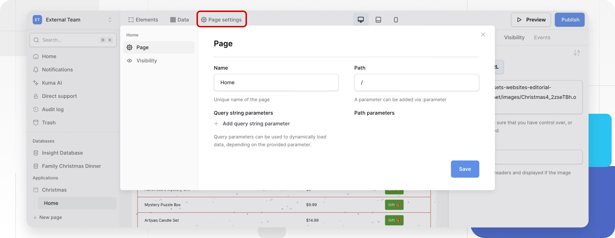 Baserow Page settings modal showing Name, Path, and Parameter options