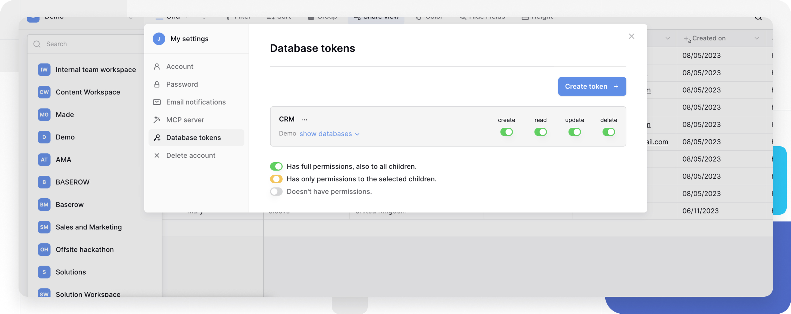 Create a Baserow database token