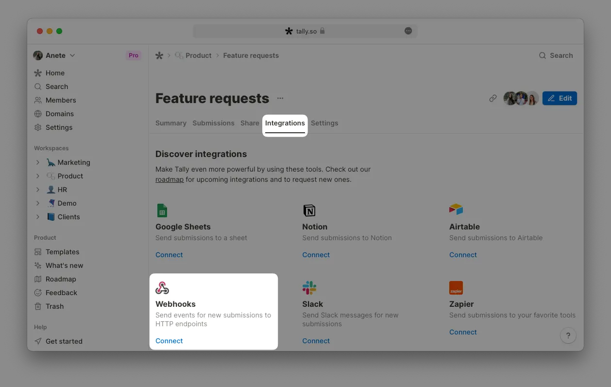 Tally Webhook Configuration