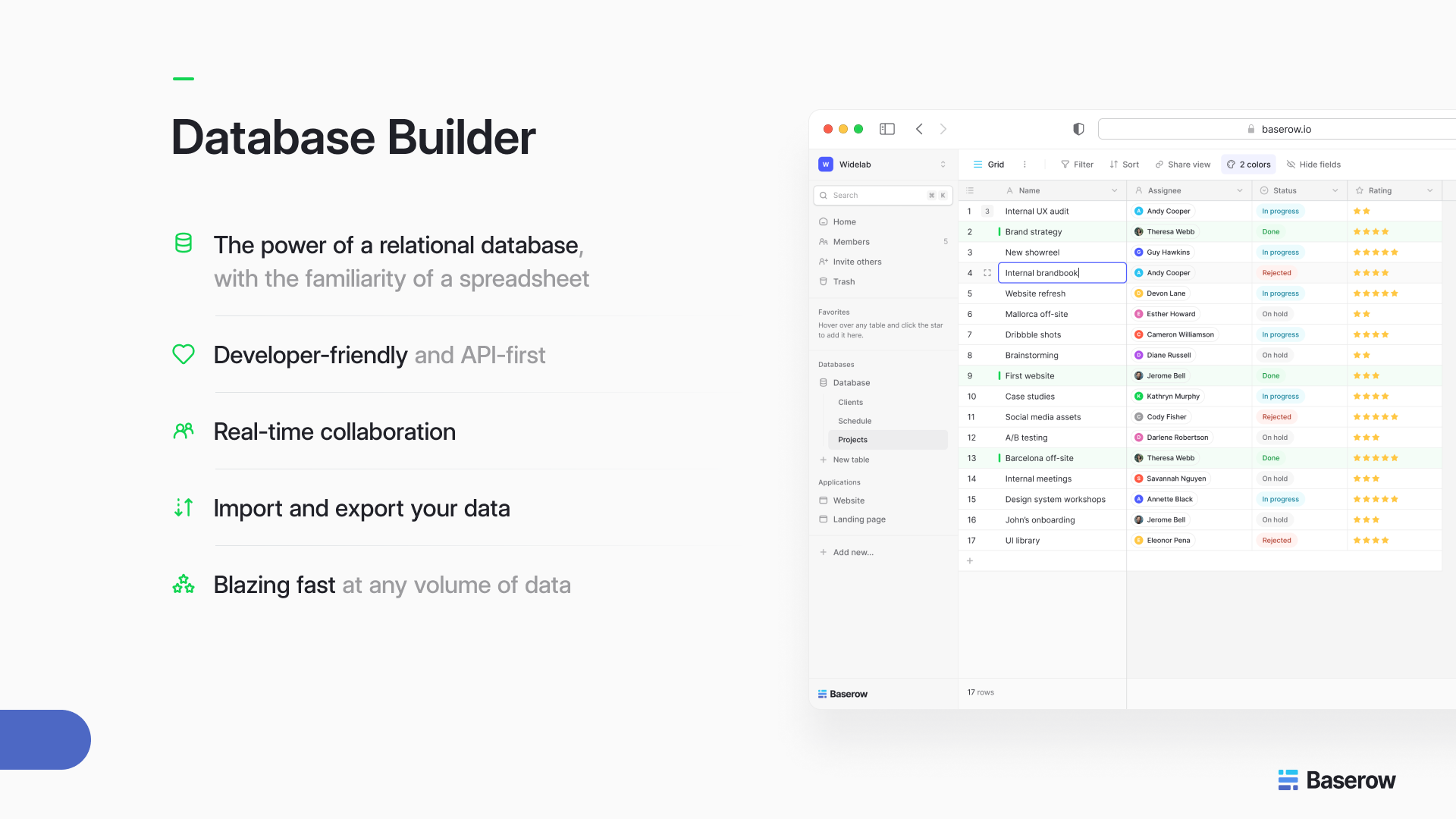 Baserow database builder interface showing real-time collaboration, spreadsheet-style relational database management, API-first workflows, and data import tools.