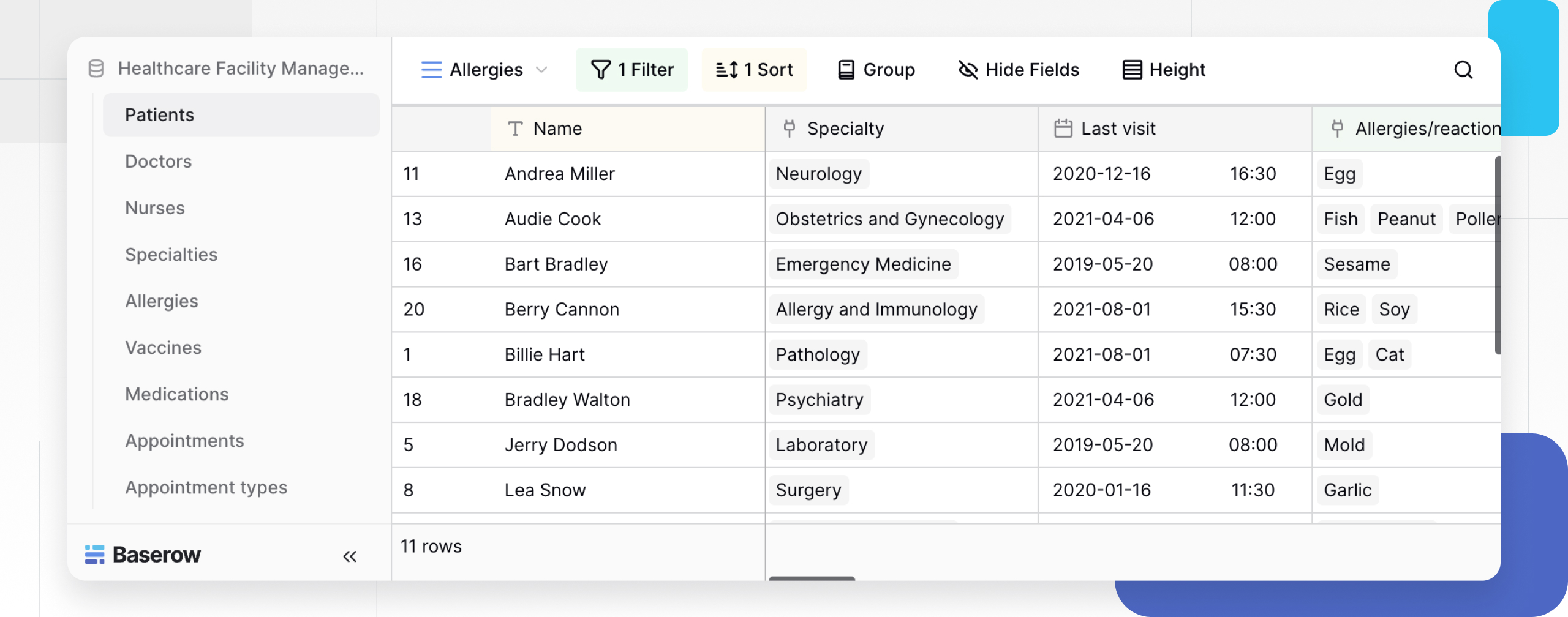 Baserow healthcare feature overview highlighting no-code tools, task notifications, data capture consistency, audit trails, and secure data management
