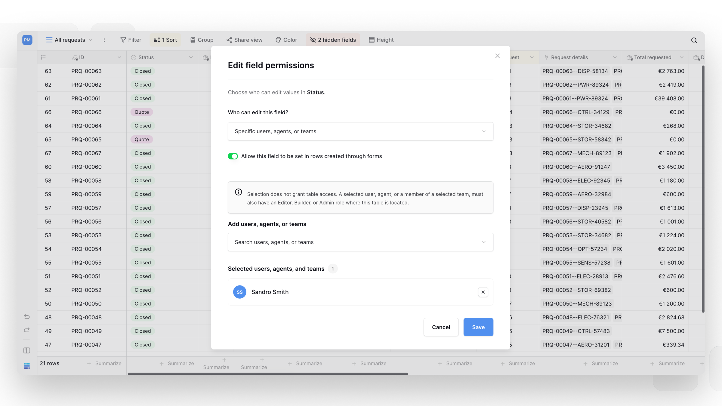 Give specific users and teams permission to edit fields