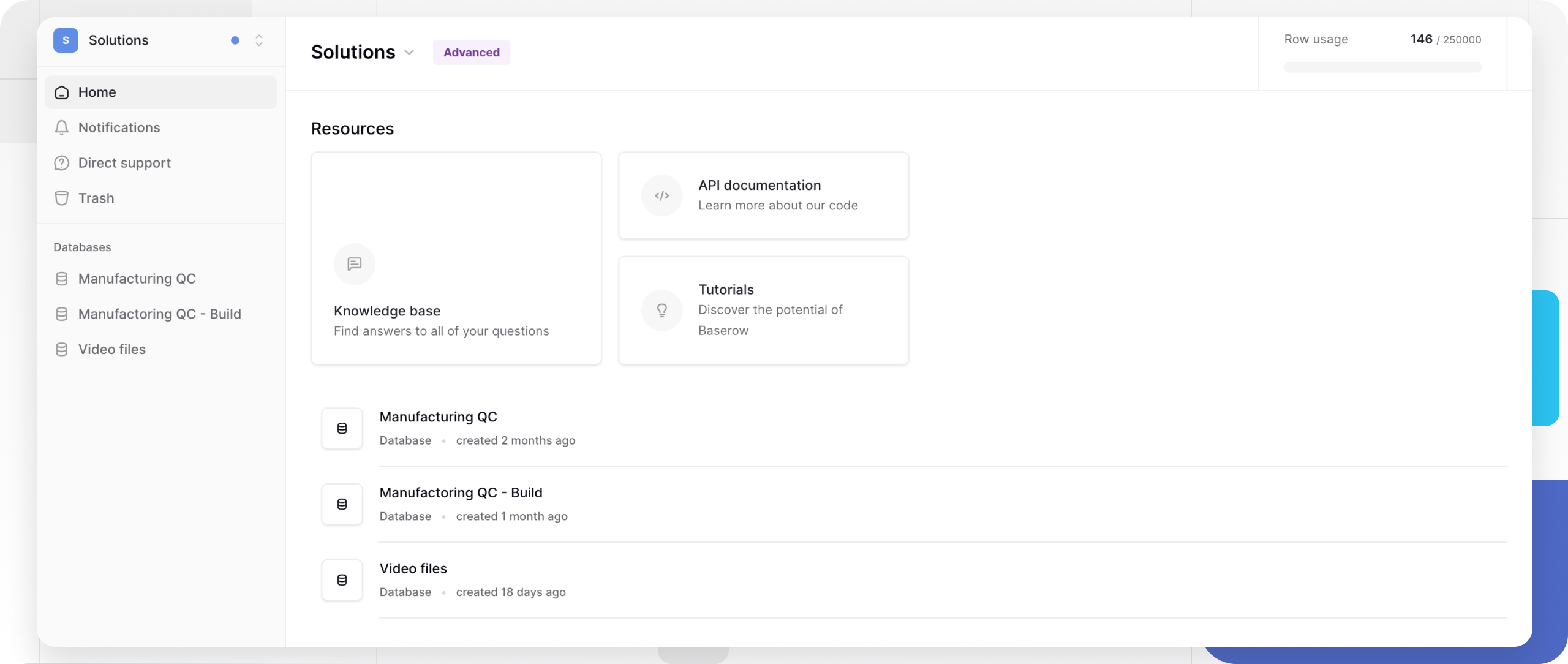 Baserow workspace interface