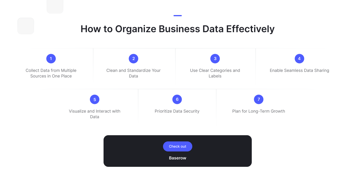 How to organize business data effectively with steps like data collection, cleaning, categorization, sharing, and data visualization