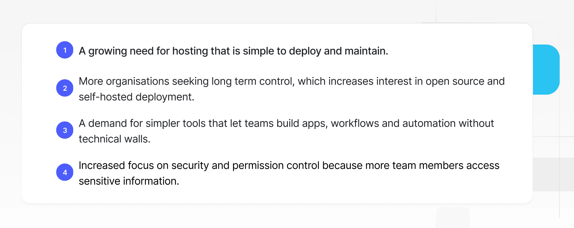 A graphic showing four reasons driving modern hosting needs: simple deployment and maintenance, growing interest in open source and self-hosted control, demand for tools that let teams build apps and workflows without technical barriers, and increased focus on security and permission control as more users access sensitive data.