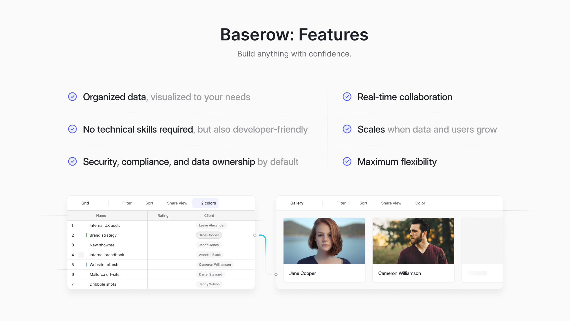 Baserow platform features list showing benefits like real-time collaboration, data security, no-code customization, scalability, and organized data views