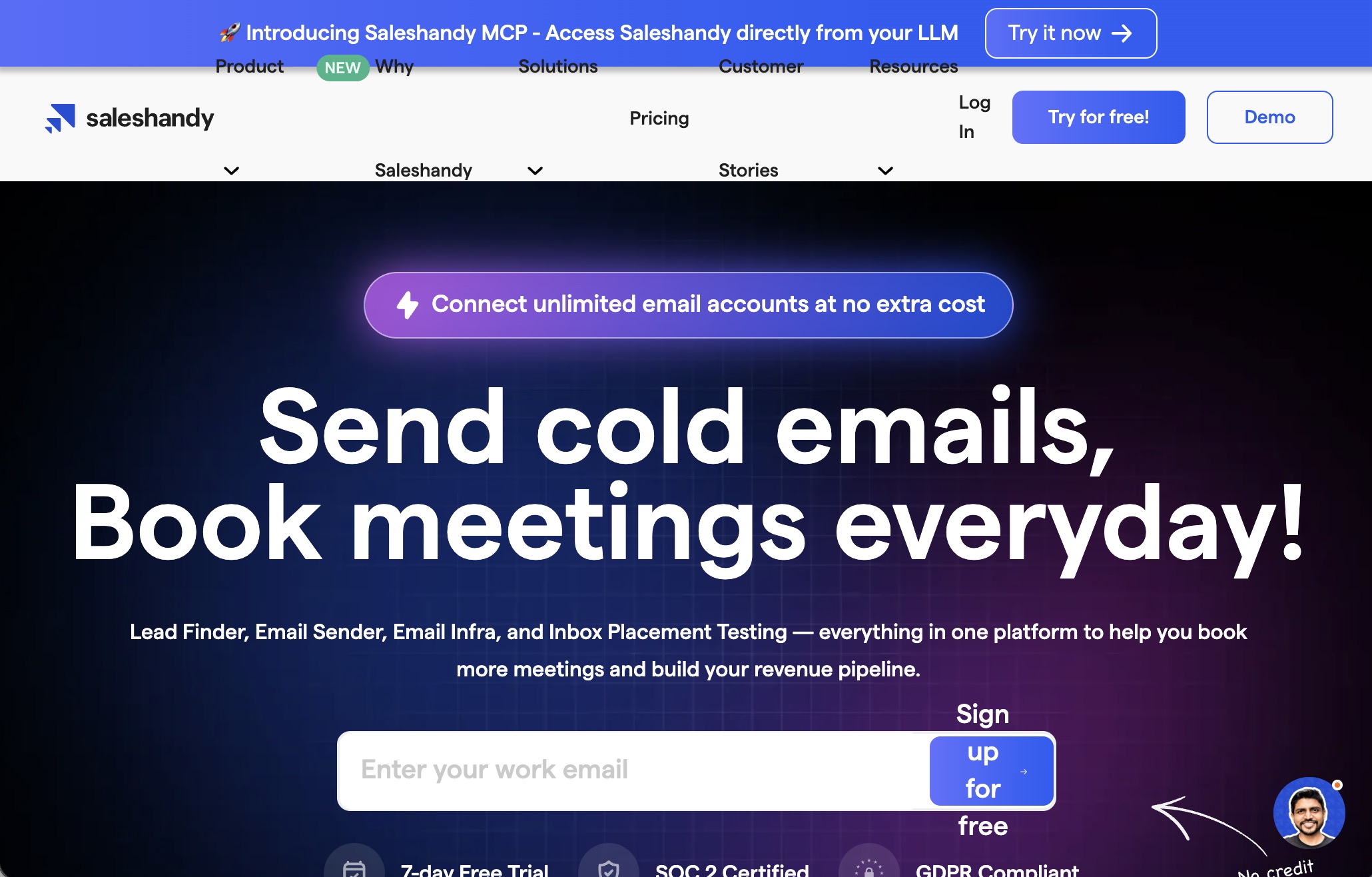 Screenshot of the landing page of Saleshandy