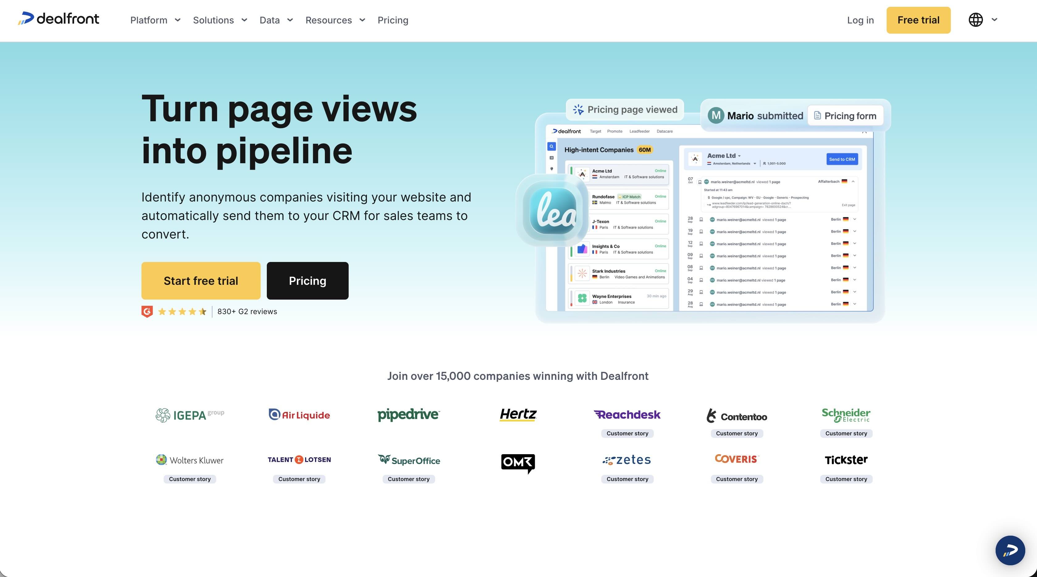A screenshot of the landing page for Dealfront
