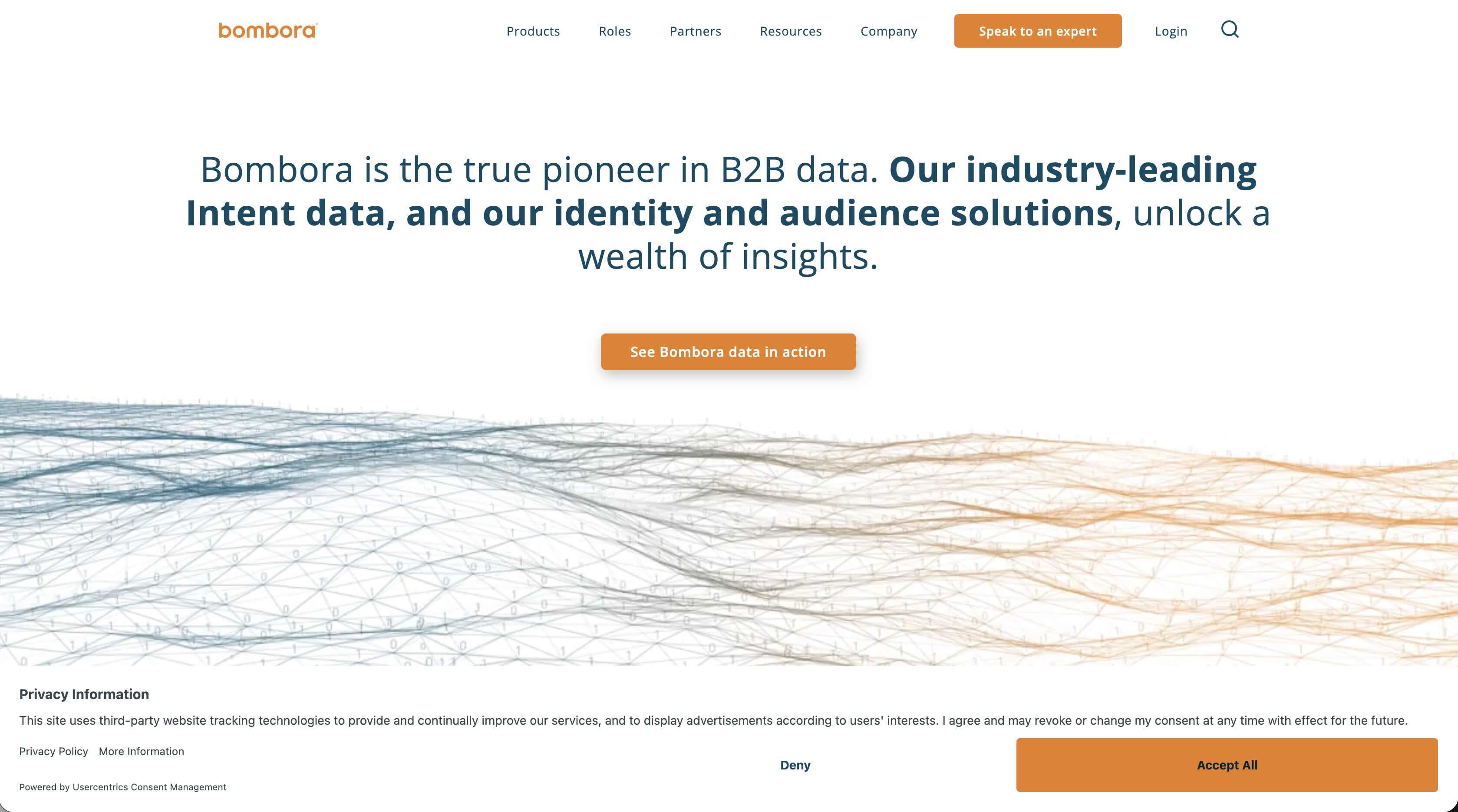 A screenshot of the landing page for Bombora