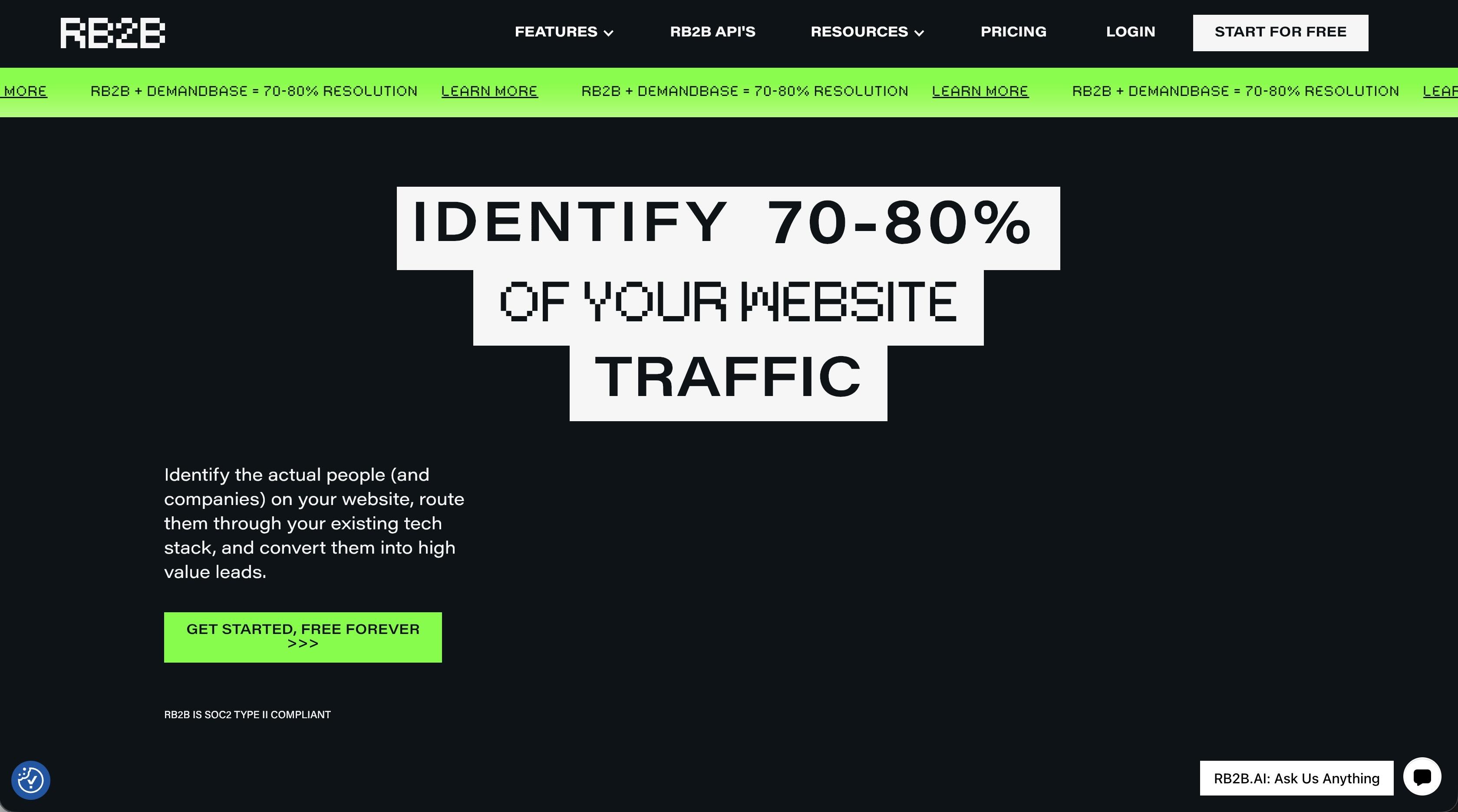 A screenshot of the landing page for RB2B